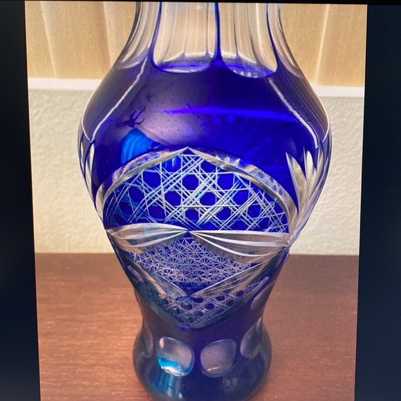 Bohemian Cobalt Blue Cut to Clear Vase, 11 1/2” high. Mother’s Day, Crystal - Picture 7 of 10